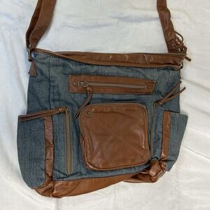 Vintage Denim Messenger Bag Brown Faux Leather Adjustable Strap Pockets 13 X 16